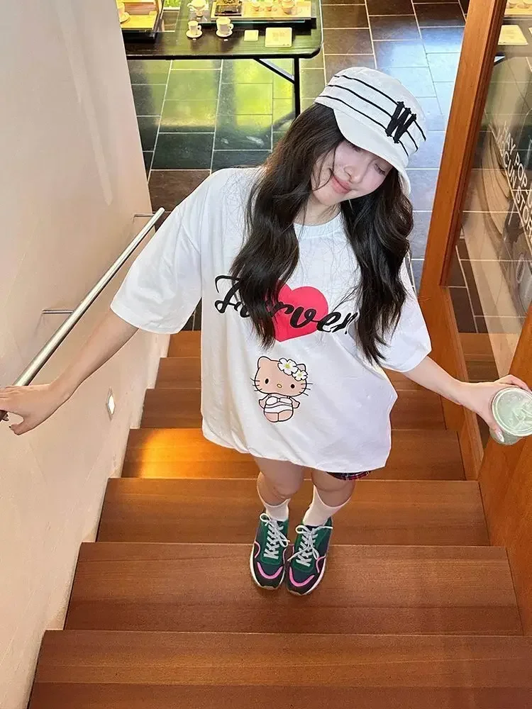 Sanrio Hello Kitty Comic Parent Child Tee Men's Women's White Retro Cool Graphic Art Print Oversized Short Sleeve Streetwear Top
