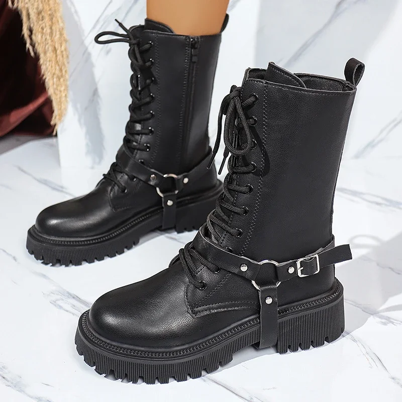 Women's Pu Leather Mid Calf Combat Boots 2026 Autumn Metal Buckle Strap Platform Boots Woman Plus Size 42 Black Biker Booties