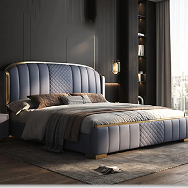 

Leather Modern Simple Double Bed Velvet High End Sleeping Storage Double Bed Luxury Wooden Muebles Para Dormitorio Furniture