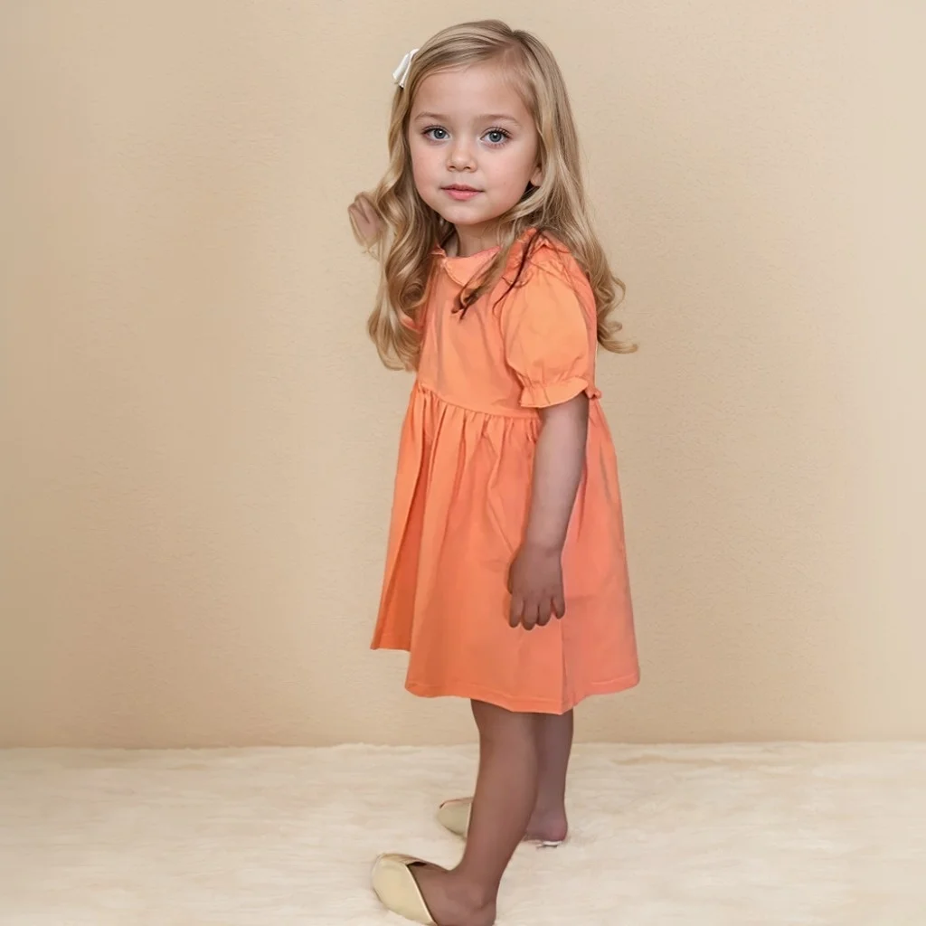 

Kids Girls Clothes CottonDoll Collar Baby Princess Dress Pure Color, Sweet Cute New Girls Clothing Summer Short-Sleeve Dress