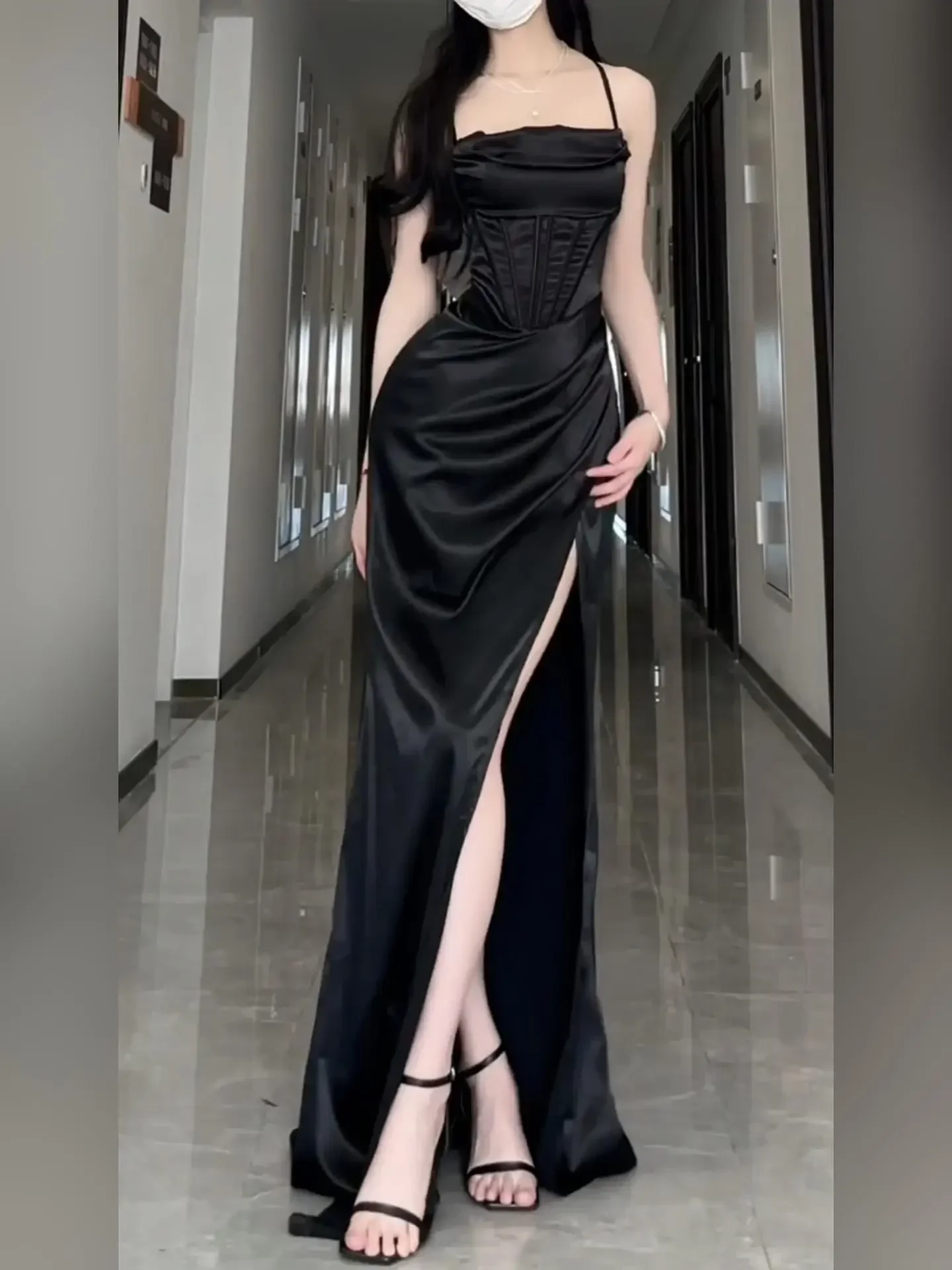 Ofallsis Large Sexy Black Split Spaghetti Strap Dress 2024 Women Summer New High Sense Slim Fit Party Dresses Length Female