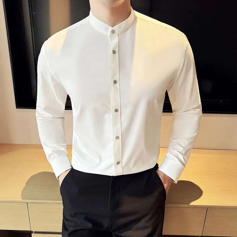 Chinese Style High-end Standing Collar Shirt Men's Long Sleeved Slim Shirt Casual Business Formal Dress Shirts Men Clothing 2024