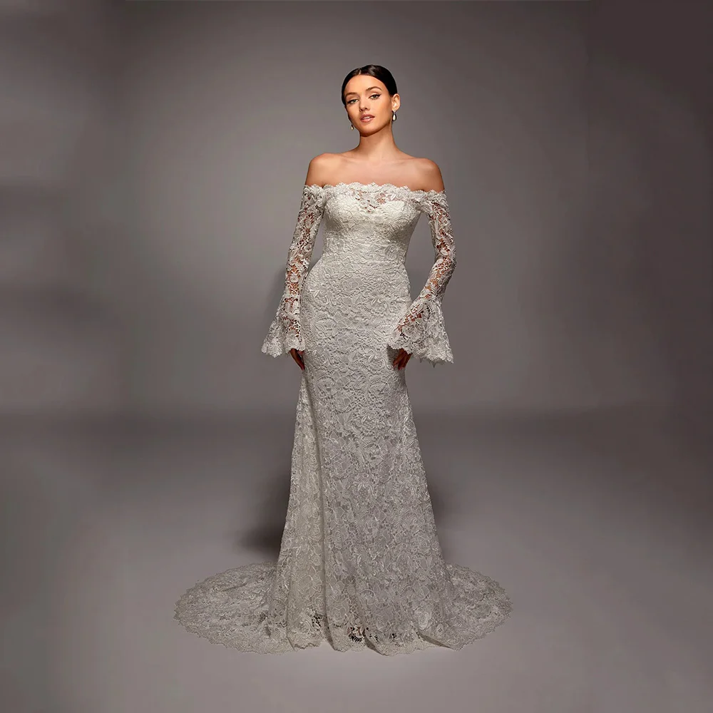 

DRESS FORU Elegant Evening Dress Lace for Floor-Length One Word Collar Prom Party Beading Mermaid Abiti Da Sposa Customized