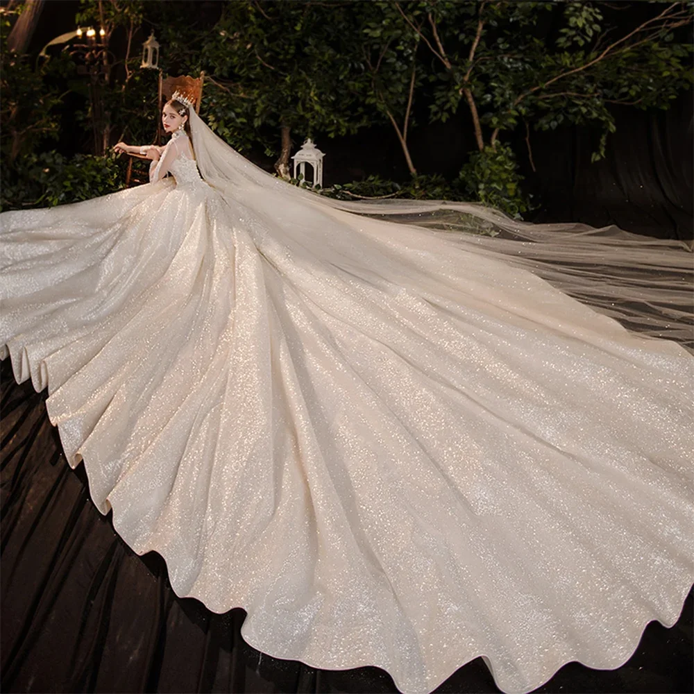 Diskon besar gaun pernikahan untuk wanita gaun pengantin kapel kereta panjang A-Line kerah O Backless applique manik-manik gaun pengantin berkilau gaun Prom Dress 레menyolok ambang S