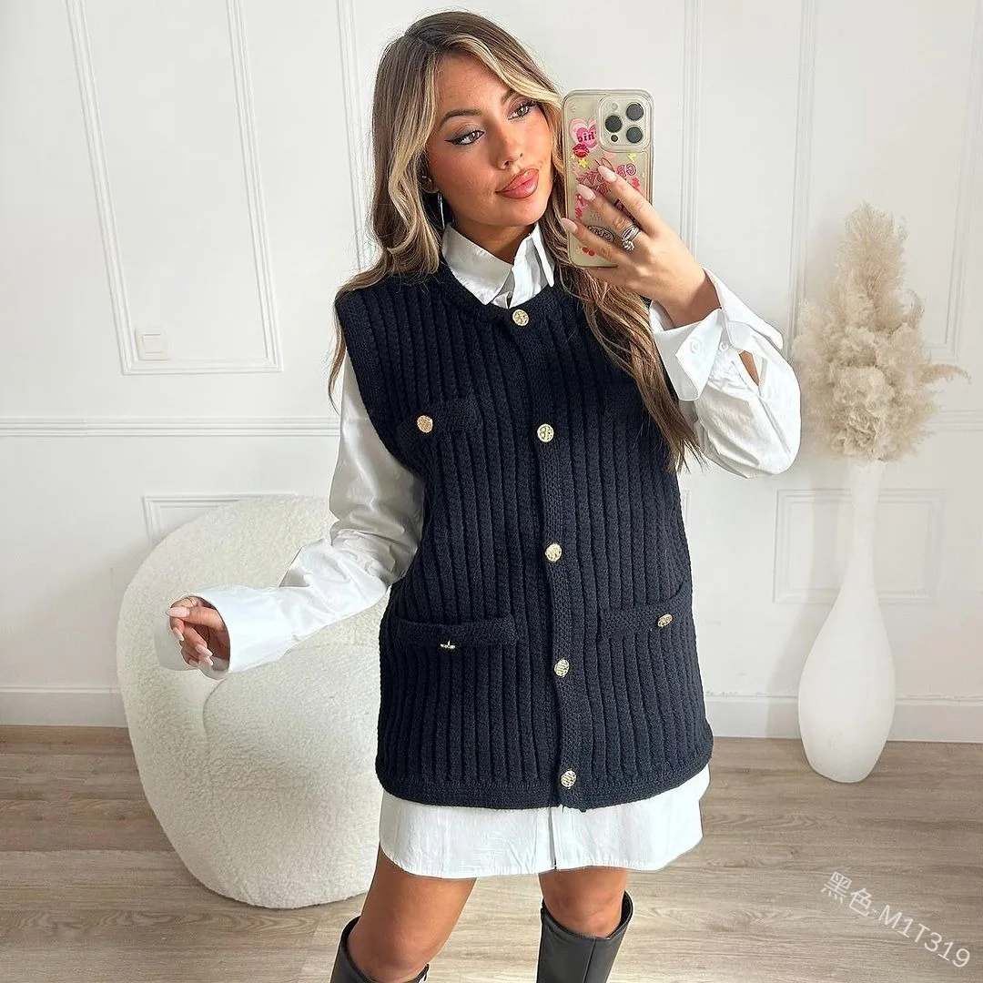 Women Single-breasted Knitted Vest Sleeveless Tank Top Coat Autumn Winter Korean Office Lady Waistcoat Jackets Knitted Vests