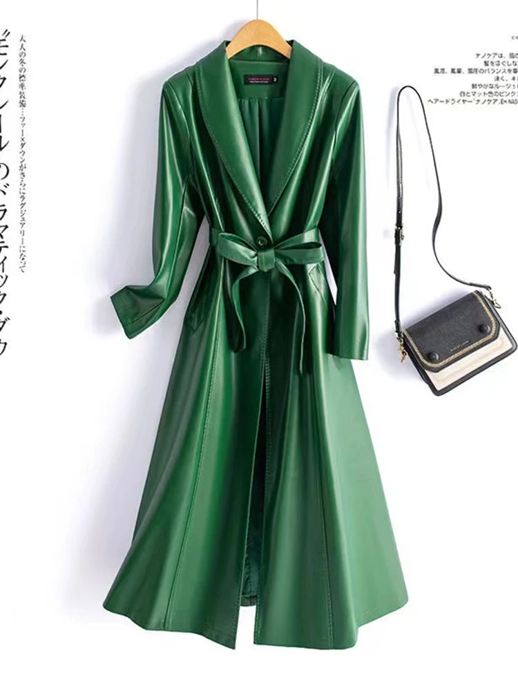 하이닝 천연 가죽 자켓 여성용 중간 길이 2025 봄 가을 신상 한국 버전 슬림핏 천연 가죽 코트 벨트 포함