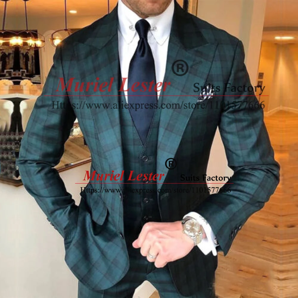 

Green/Blue Plaid Check Suits Men Formal Business Party Dinner Dress Tailor-Made 3 Pieces Groom Wear Wedding Tuxedo 2024