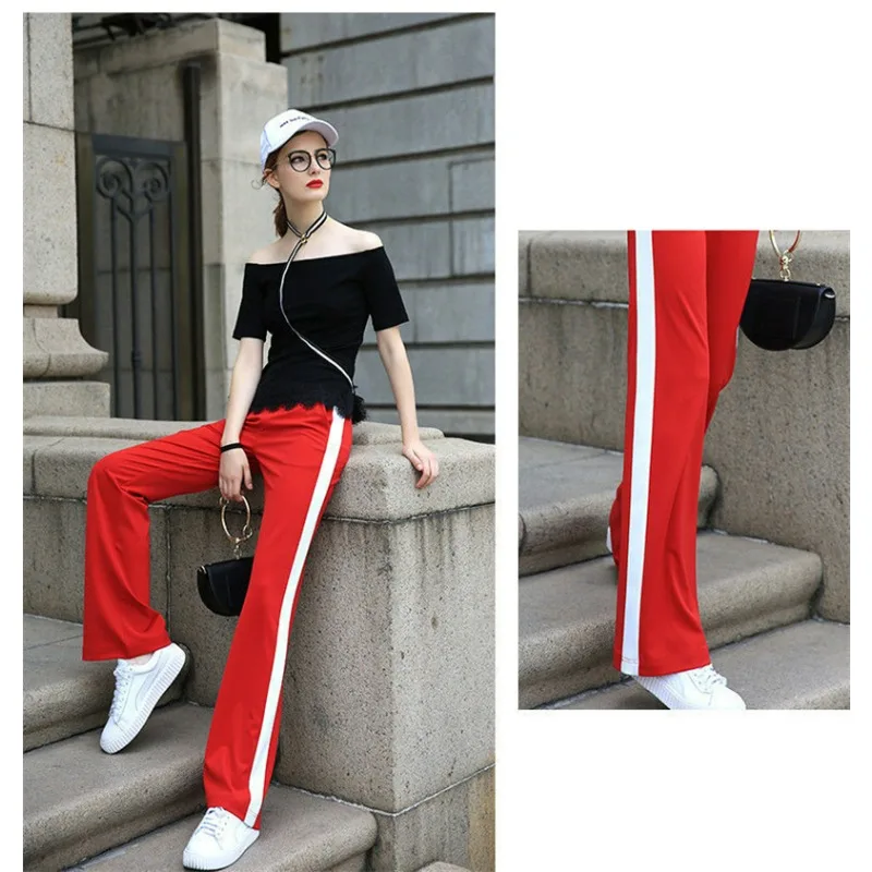 Women Casual Side Stripe Wide Leg Sweatpants Big Size TrousersLace Up High Waist Baggy Pantalones Korean Straight Jogger Pants