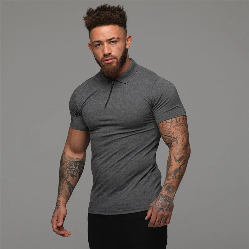 Solid Color Cotton Breathable Short Sleeve Polos Fashion Zip Collar Slim Fit Polo Shirts Gym Fitness Bodybuilding Men\'s Clothing