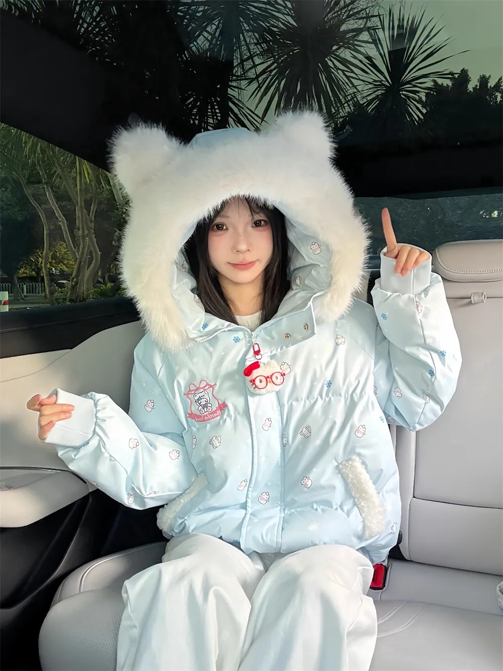 Trendy Korean Design Hooded Bread Coat Warm Cute Cartoon Print Fur Collar Stand up Ear Cotton Jacket for Autumn And Winter