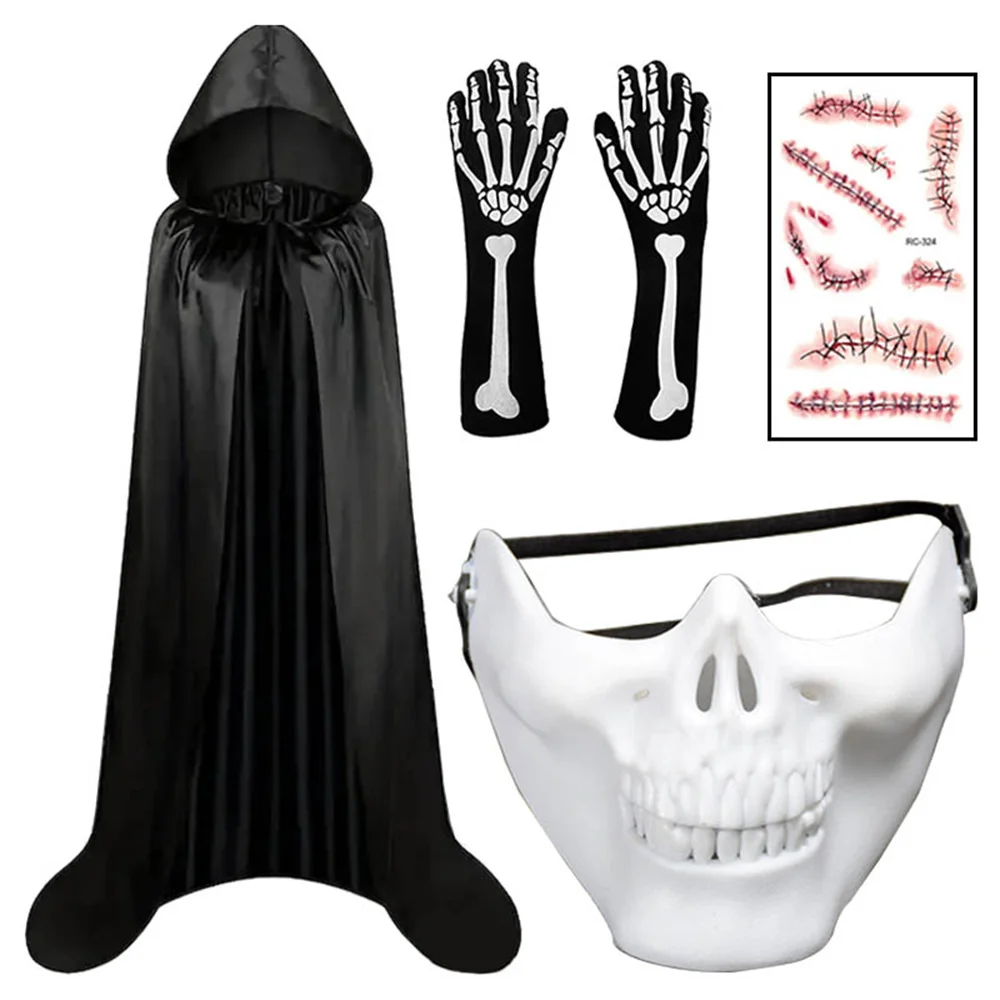 4pc/Set Unisex Cape with Hood Adult Halloween Costume Hooded Cloak Vampire Cosplay , Face Scar Temporary Tattoos Sticker Paper