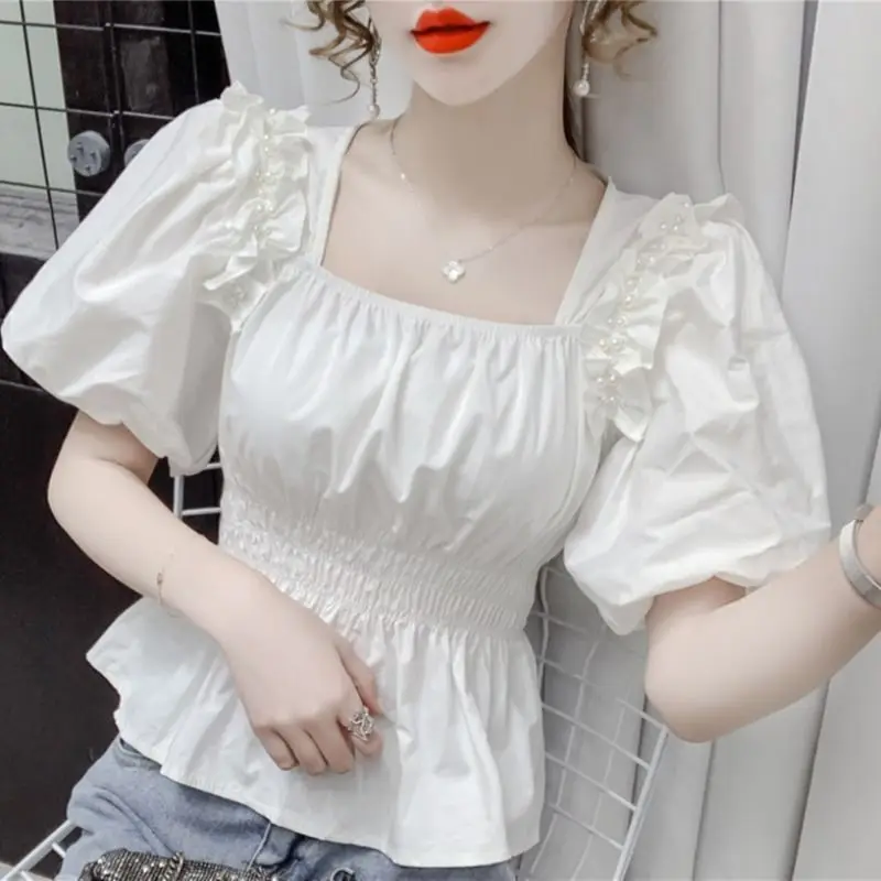 Summer Pullover Chiffon Puff Short Sleeve Square Collar Solid Color Embroidered Flares T-shirt Elegant Women\'s Clothing Tops