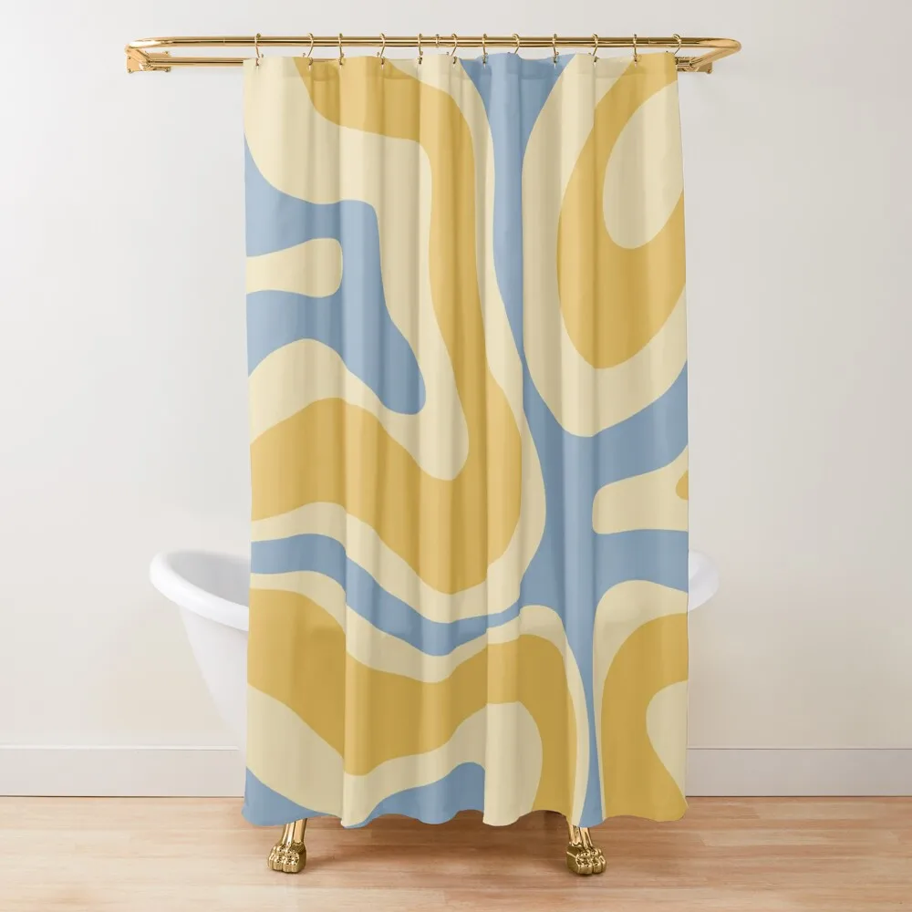 

Retro Modern Liquid Swirl Abstract Pattern Square in Light Blue and Mustard Yellow Shower Curtain Bathroom Box Curtain