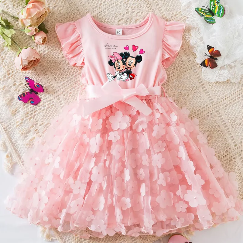 Mickey Minnie Mouse Girls Summer Dress Cartoon Bow Tutu Dress 3D Butterfly Cute Cotton Party Casual Dress for Baby 2-6 Years