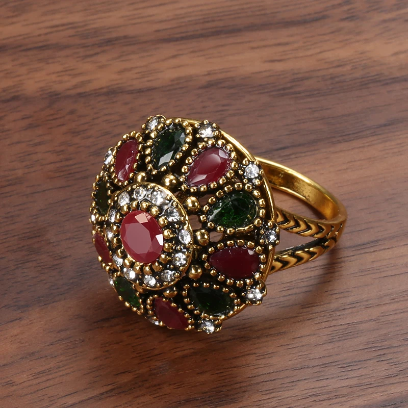 Kinel Hot Crystal Flower Ring Fashion Antique Gold Ethnic Bride Rings For Women Boho Vintage Jewelry Wholesale