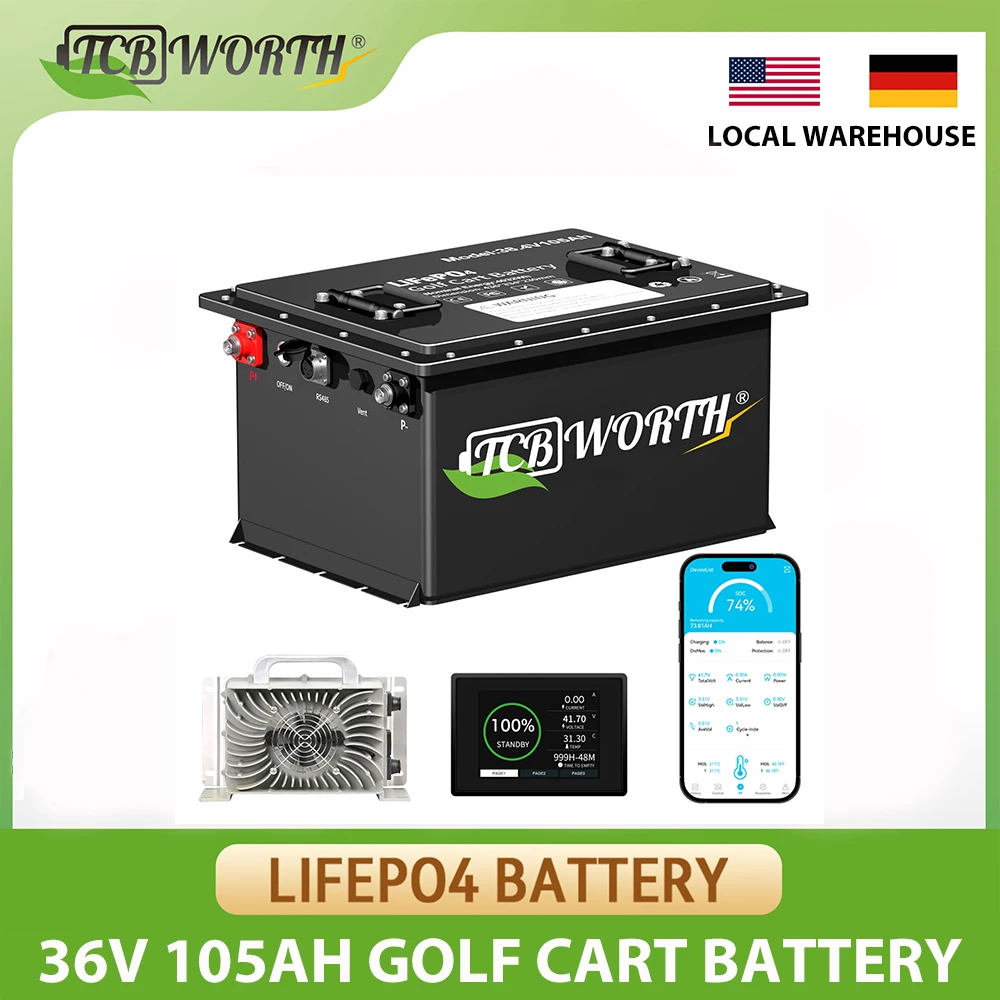 

Golf Cart Lithium Battery 36V 105Ah,200A Smart BMS,Touch Monitor,With Charger,APP Enabled,7680W MAX Power,6000+ Charge Lifecycle