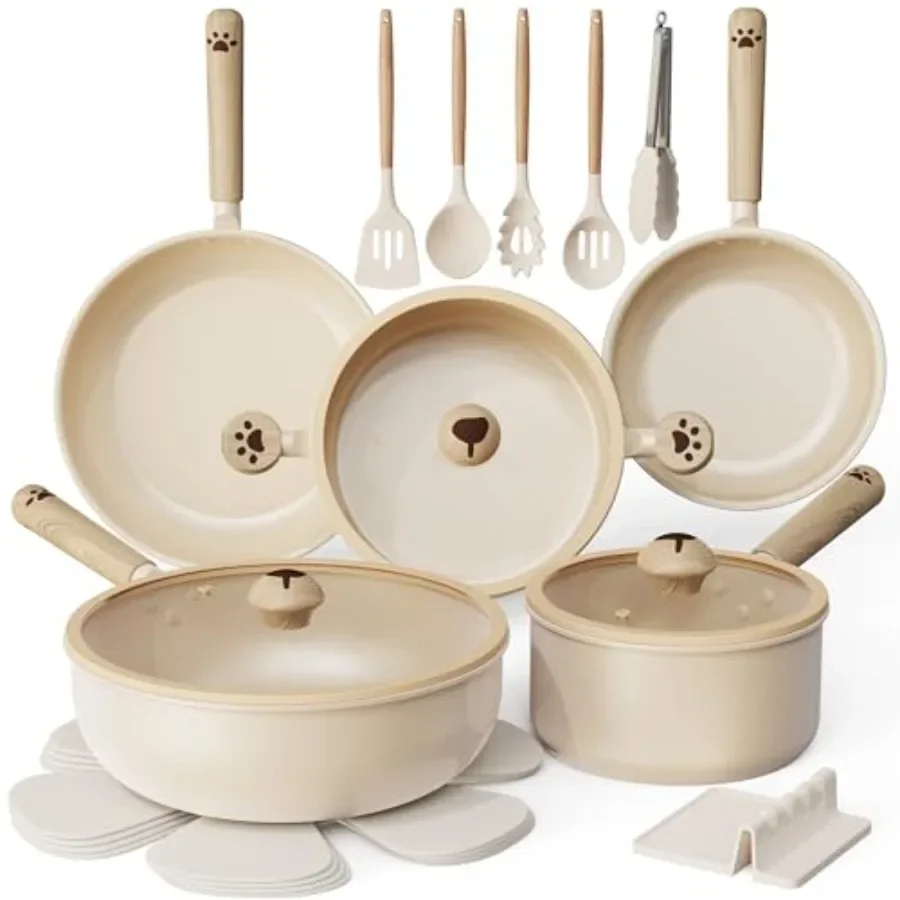 17-Piece Ceramic Cookware Set for Home Camping: Wooden Dog Paw Handles, Nonstick, Induction Compatible, Dishwasher Safe, Gray