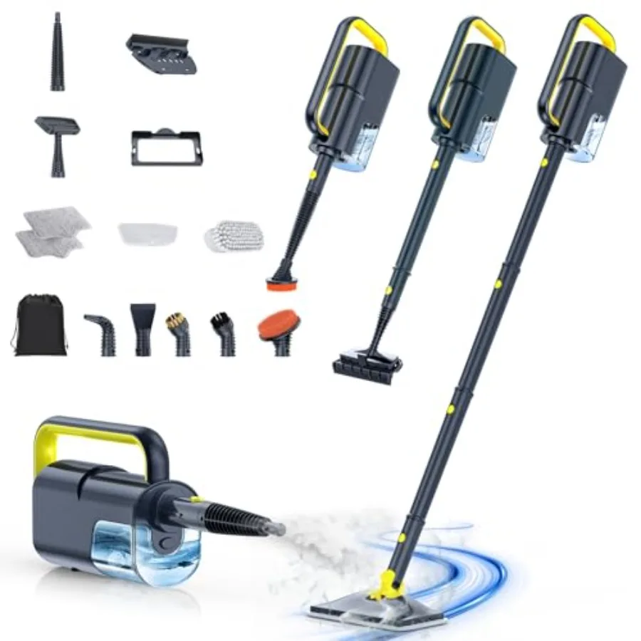 

Паровая швабра со съемным ручным пароочистителем, 10 насадок в комплекте, быстрый нагрев за 10 секунд, 350 мл и 2 уровня мощности для уборки