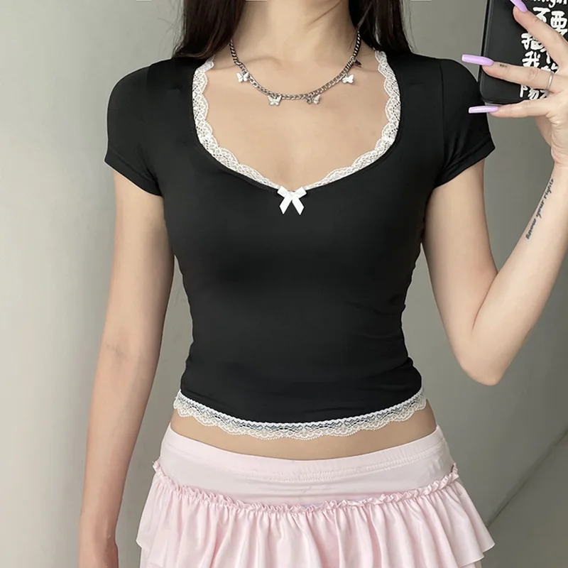 Women\'s Summer Short Sleeve T-shirt Y2K Aesthetic Cute Lace Stitching Cropped Top Slim-fitting Tees Coquette Cute Tops