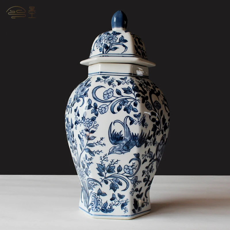 Ceramic vase modern new Chinese storage tank ornament blue and white living room entrance antique bogu rack retro