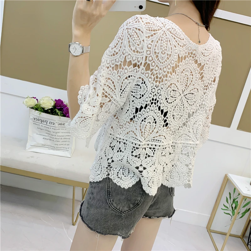 Floral Paisley Crochet Tops Women Smei Sheer Hollow Out Lace Blouse Women Bohemian Style Summer Beach Cover-ups view 5