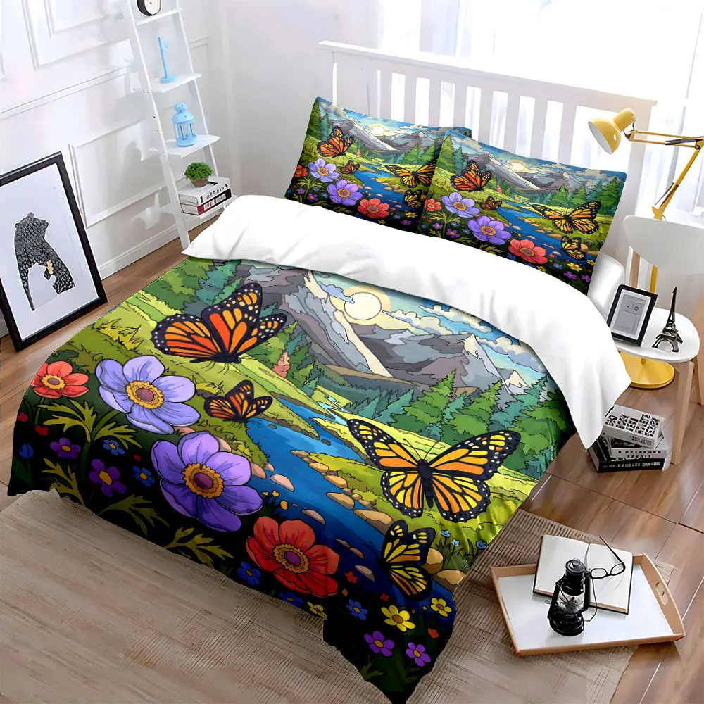 Butterflies fluttering streams and forests Printed Duvet Cover Set1 Duvet Cover+2 PillowcaseMulti Size Bedroom Bedding Decor