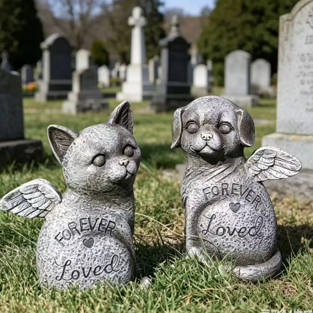 Angel Wing Cat & Dog Pet Grave Marker, Weatherproof Resin Memorial Stone For Outdoor Cemetery Use