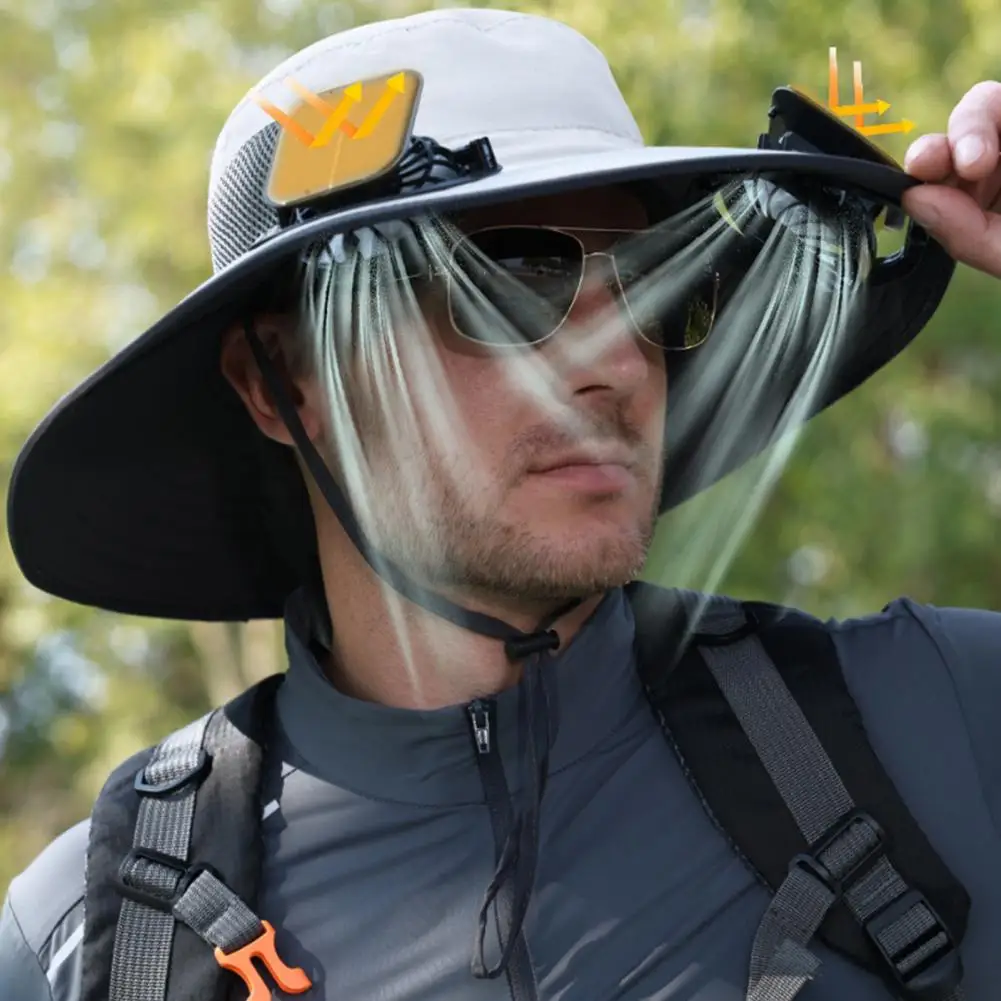 Solar Powered Sun Hat Outdoor Fishing Hat with Fan Solar Rechargeable Fisherman Hat with Dual Fans Upf 50 Wide Brim for Fishing