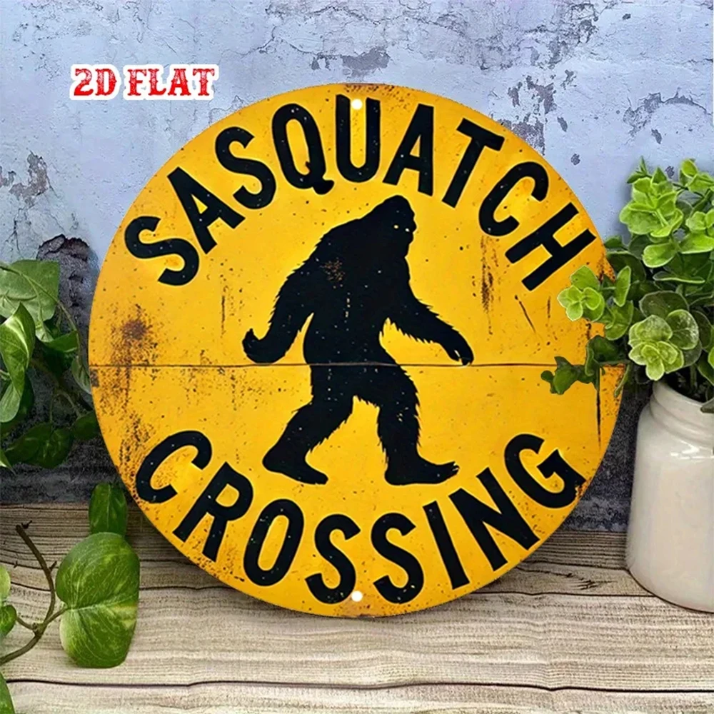 [2D Flat] 1 Piece of Vintage Bigfoot Traversing Round Aluminum Sign - Vintage Style Metal Wall Art, Yellow and Black Design, Suitable for Room Decoration