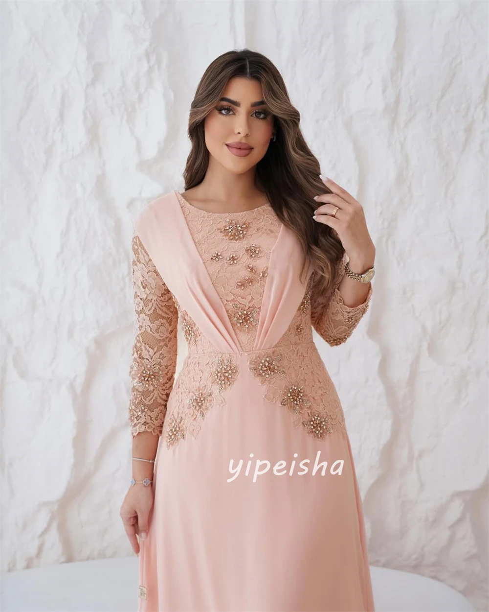 Maßgeschneiderter moderner Stil, modisch, Chiffon, Perlenstickerei, Spitze, A-Linie, U-Ausschnitt, knöchellange Kleider, Abendkleider, hochwertig, formell