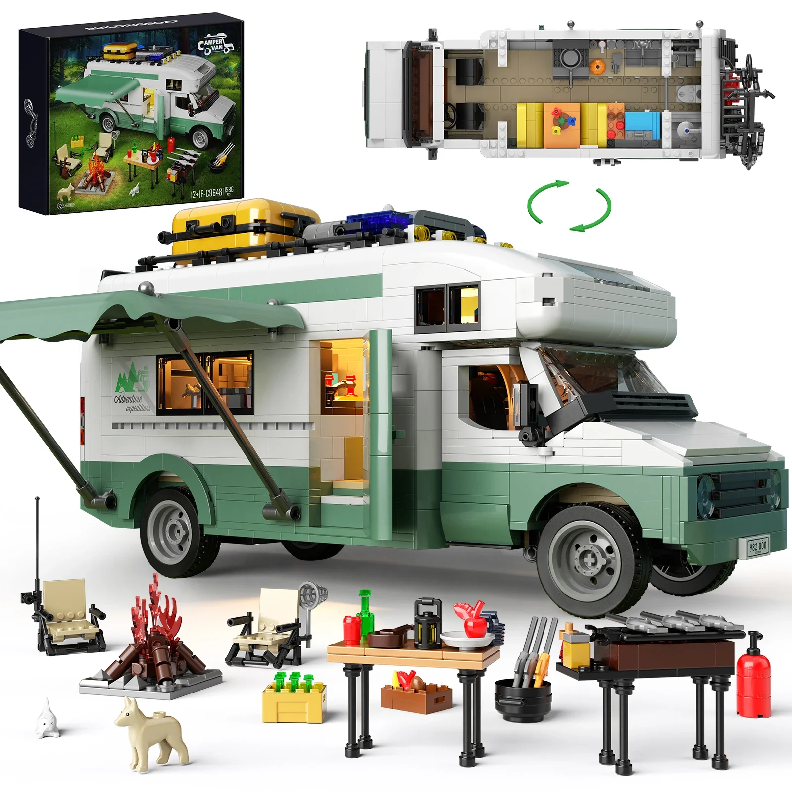 

Holiday Camper Van RV Building Set with LED Lights, for 12+ Teens and Adults Creative Camping Car Building Toys (1586 PCS)