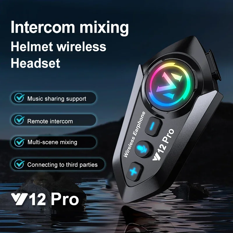 KEBIDUMEI Y12Pro Bluetooth 5.4 Motorcycle Helmet Intercom Headset with RGB Ambient Light Waterproof Earphone Moto Accessories