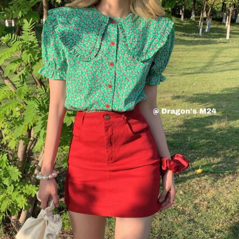 

Vintage Floral Button Loose Shirt Tops Summer New High Waist Solid Color All-match Short Skirt Fashion Sweet Women Clothing