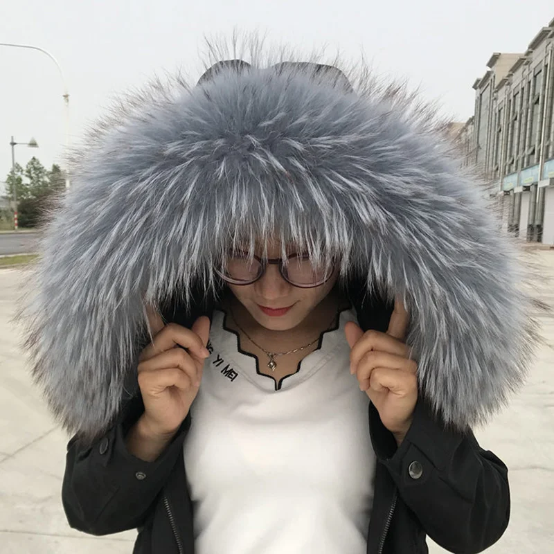 Natural Raccoon Fur Collar Women Winter Warm Real Fur Scarf Fur Hood Trims for Coat Parkas Large Size Genuine Furry Fur Shawls