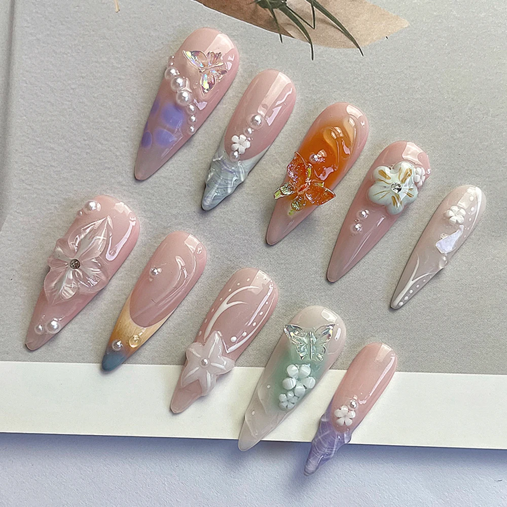 Handmade Long Almond Flower Full Cover Pink Nail Party Sticker 3D Butterfly Pearl French Fake Style Nail Agate Bracelet Ring Set