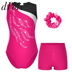 Kids Girls Ballet Dance Clothes Set Children's Gymnastics Leotard Teen Sleeveless Patchwork Skating Leotard with Boxer Shorts