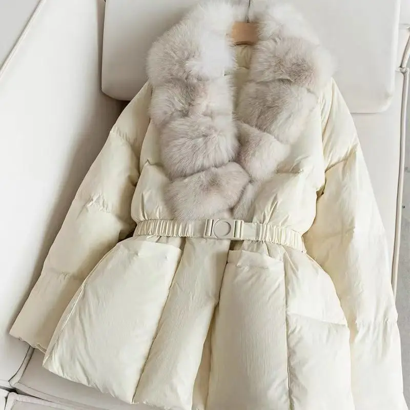 Women's Adjustable Waist down Jacket Faux Fox Fur Collar Warm Short Duck down Coat European Style for Cold Weather
