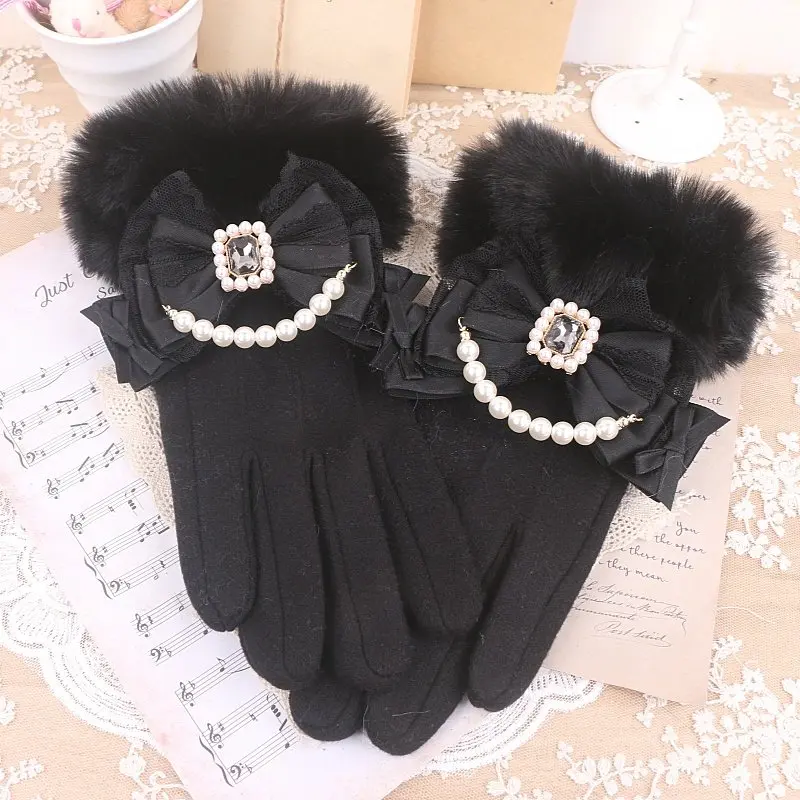 Lolita Concept Chic Bow Gloves Kawaii Japanese Sweet Fluffy Handmade With Beaded Bow For Winte