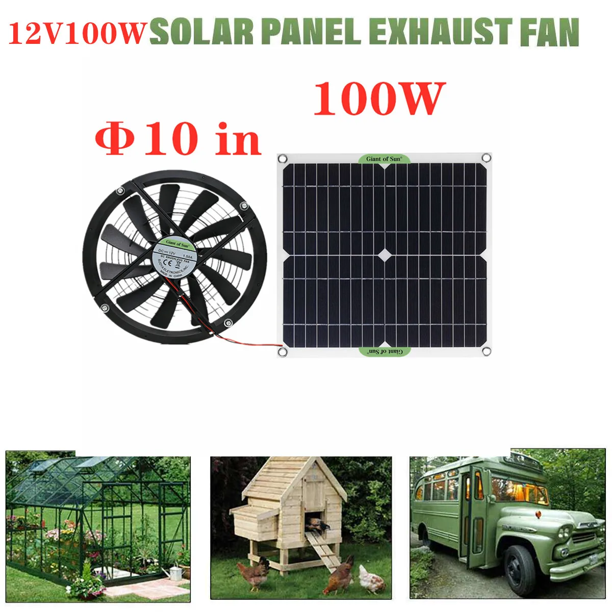 100W 6V Solar Exhaust Fan Air Extractor 10 Inch Mini Ventilator Fan Solar Power Supply for Dog Chicken Coop Greenhouse RV