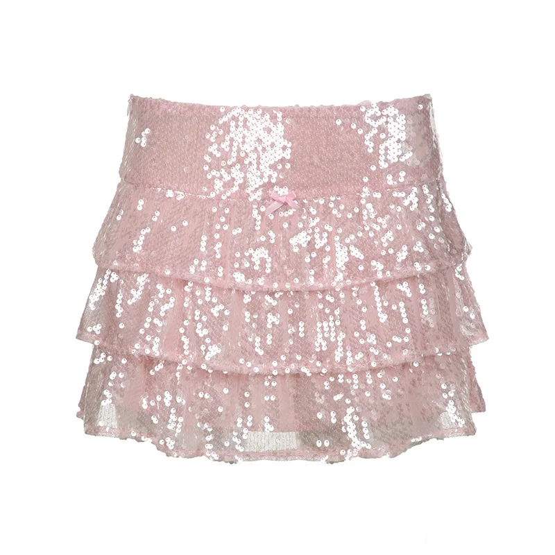 

Solid Y2K Pink Sequins Ruffle Cake Mini Skirt Bow A Line Ladies Girls Sparkly Club Party Skirts Glitter Short Nightclub Skater