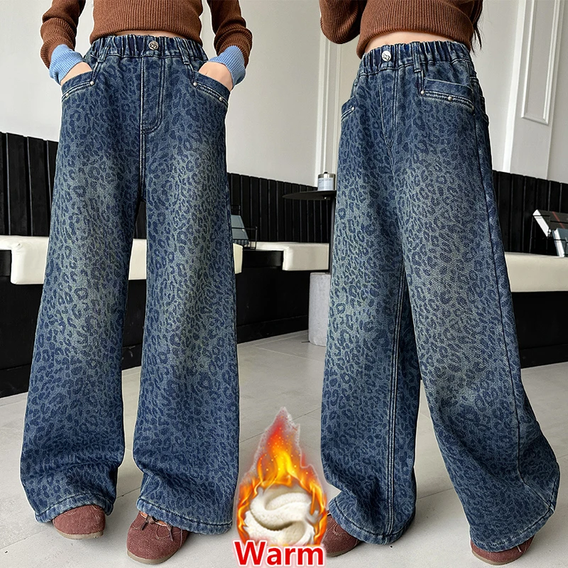 

Children Winter Blue Leopard Print Insulated Jeans With Fleece Lined Kids Girls Winter Warm Denim Pants Age 5 6 7 8 9 10 12 14 Y