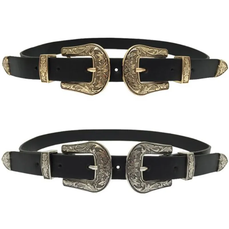 New Women Ladies Double Buckle Leather Belt Fashion Vintage Carved Double Buckle Cowhide Belt Gold and Silver Buckle Casual Belt