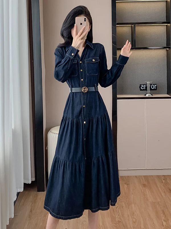 

Elegant V-Neck Denim Long Dress Loose Slimming Maxi Skirt Spring 2026 Fashion French Style Midi Dress City Commute Wear