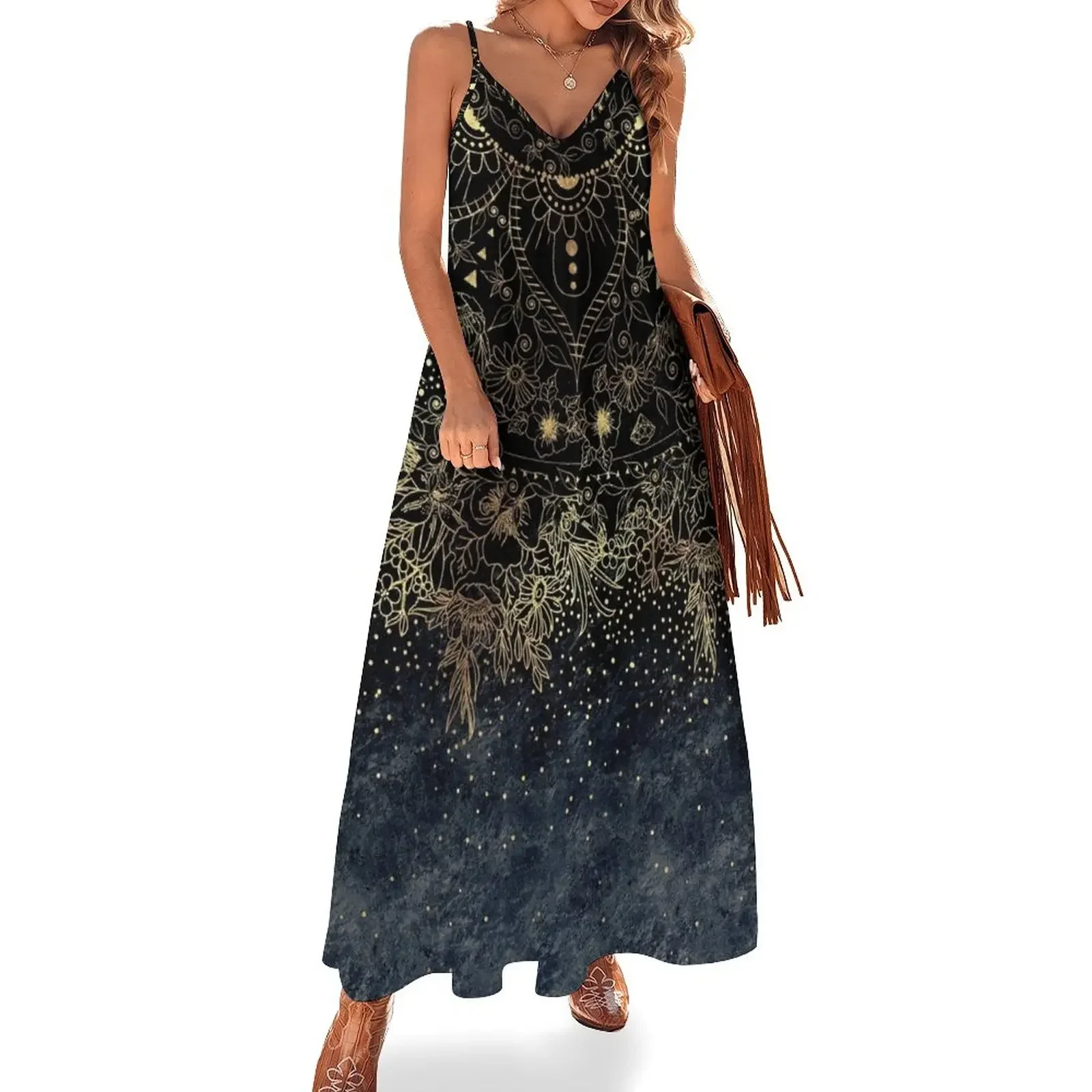 

Stylish Gold floral mandala and confetti Sleeveless Dress women's luxury party dress dress for woman elegant women's sets