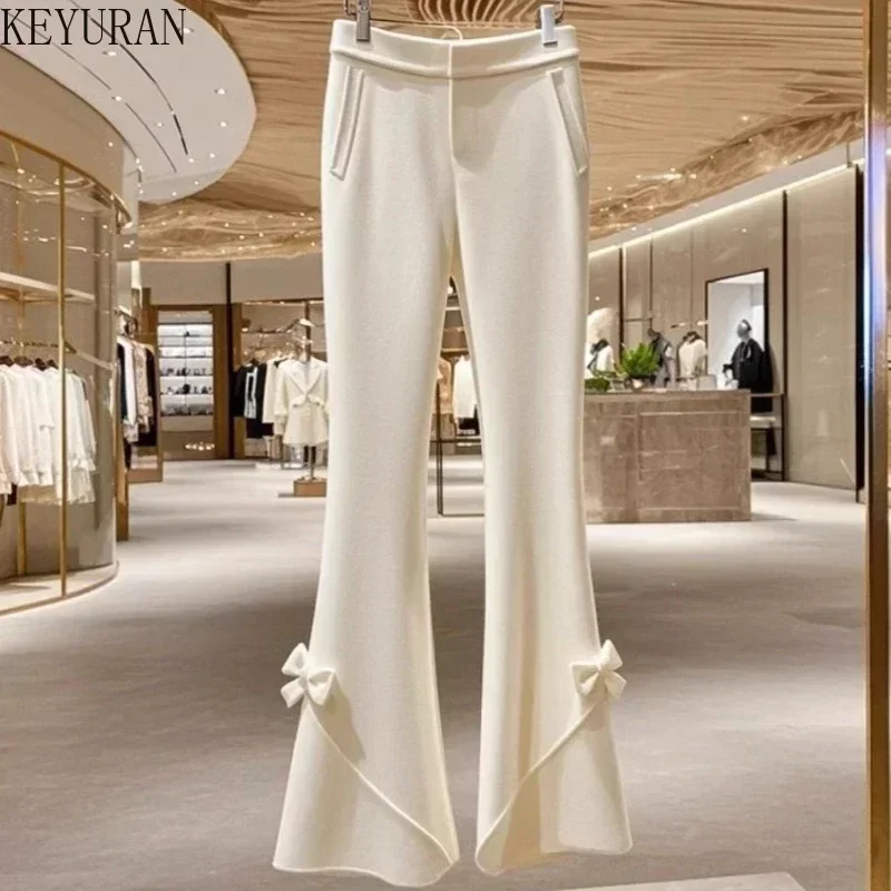 

Autumn Winter High Waist White Bow Knitted Pants for Women Korean Style Chic Slimming Straight Micro Flared Pants Woman Trousers