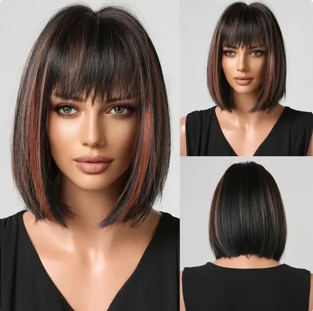 Black Short Bob Wig with Orange Bangs Copper Brown Synthetic Cosplay Hair Wigs for Women Daily Heat Resistant Fibre Wig