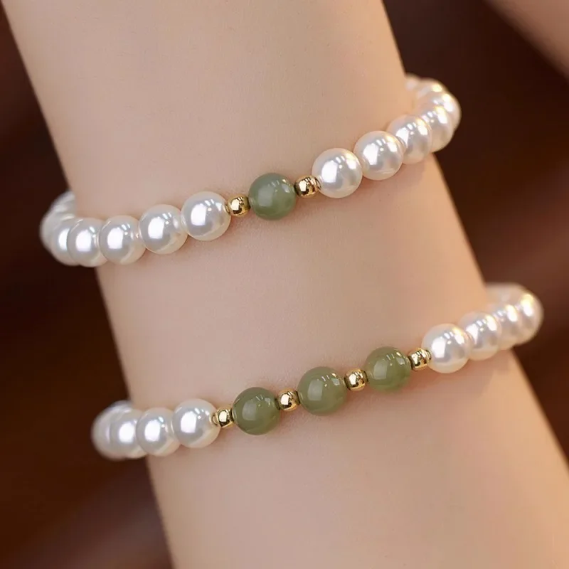 

Minar Dainty Green Color Jade Natural Stone Freshwater Pearl Beaded Bracelets for Women 14K Real Gold Plating Copper Accessories