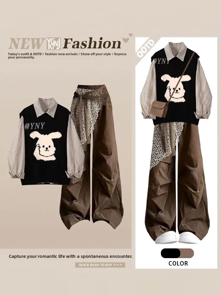 

Lazy Style Autumn Three-Piece Set Striped Long Sleeve Shirt under Rabbit Knitted Vest Casual Workwear Long Pants Women's Fashion