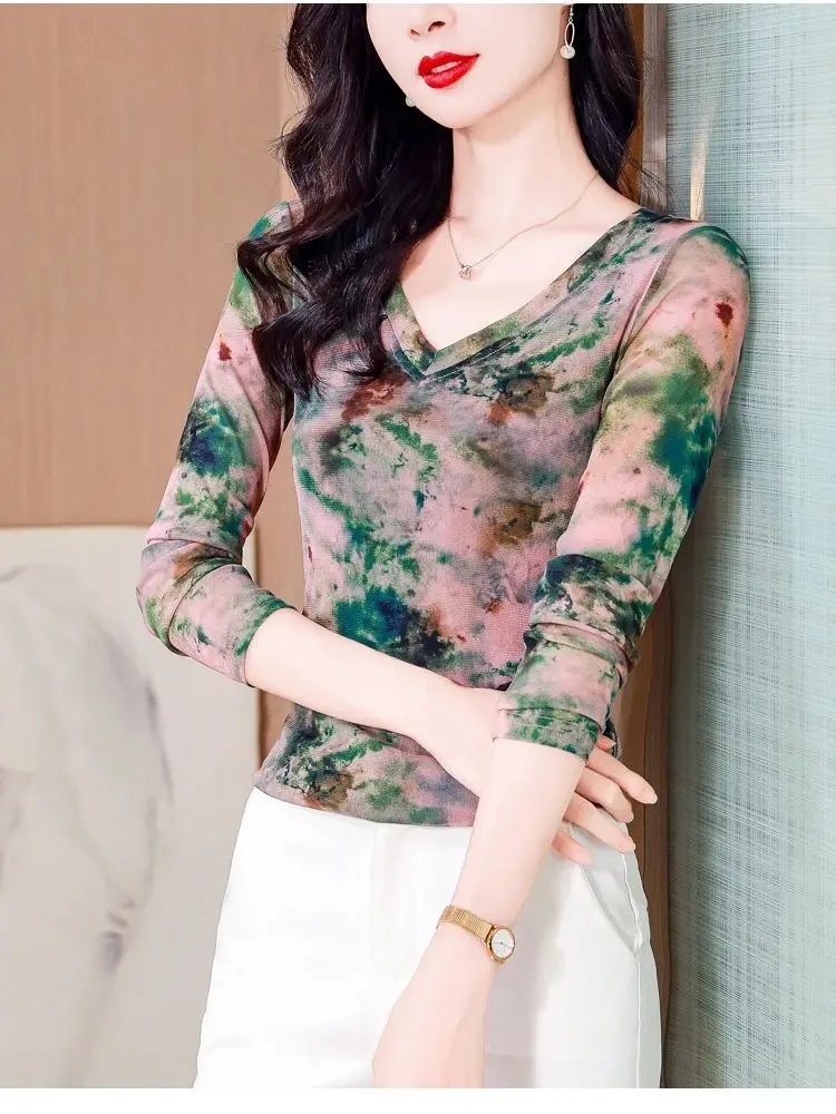 Moda damska nowa siateczkowa koszulka M-3XL podstawowy dekolt w serek z długim rękawem t-shirty damskie Slim Stretch najniższy top Tees Ladies — zdjęcie 5