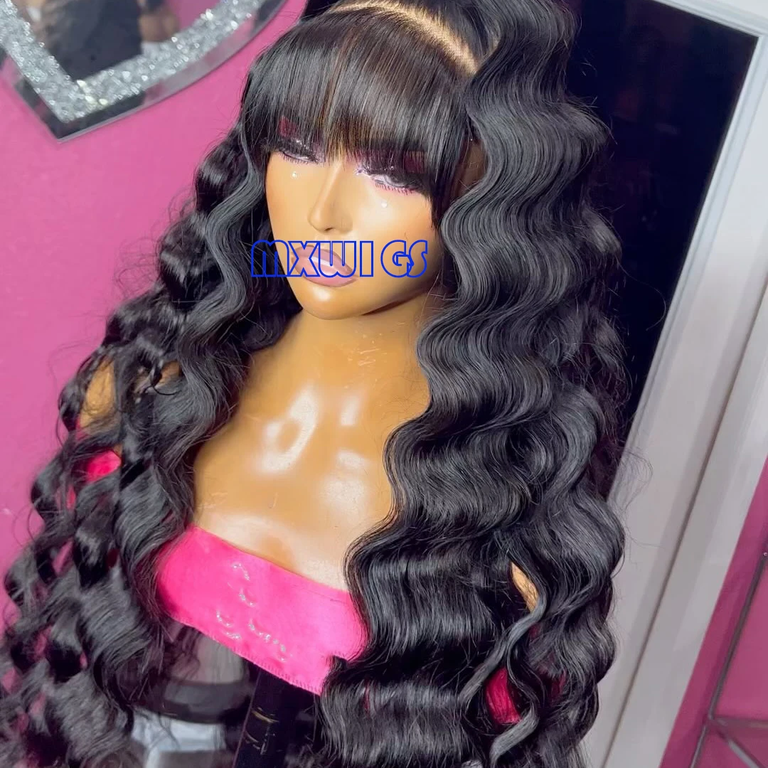 MXWIG Synthetic Hair Black Bangs  Loose Deep Wave Glueless 13X4 Lace Front Wig For Black Women Preplucked  Daily Fiber Cosplay